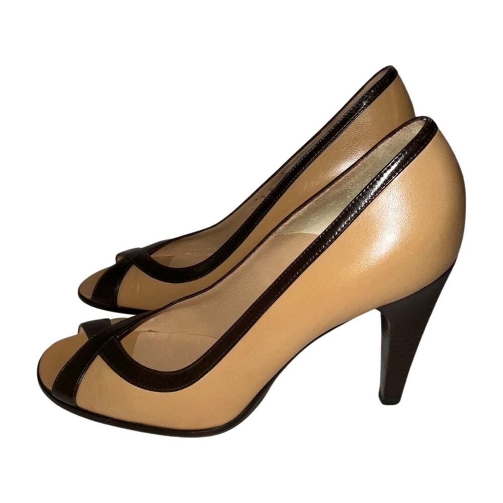 CELINE Nude Tan/Dark Brown Leather Heels Peep Toe Pumps Shoes EU 37B